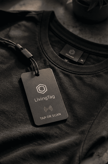 A QR code on a real-world card or wearable item